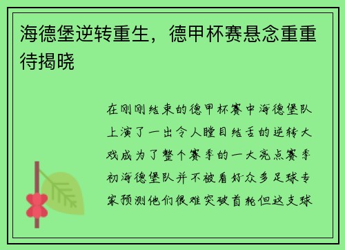 海德堡逆转重生，德甲杯赛悬念重重待揭晓