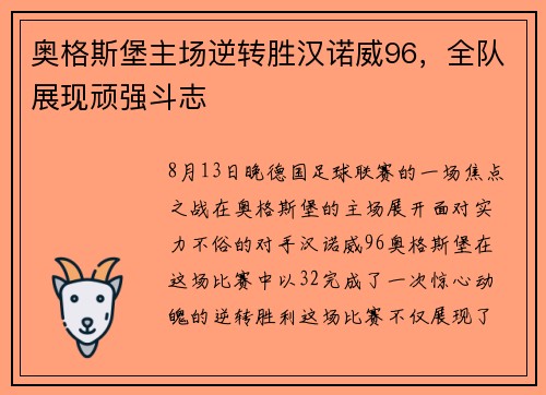 奥格斯堡主场逆转胜汉诺威96，全队展现顽强斗志