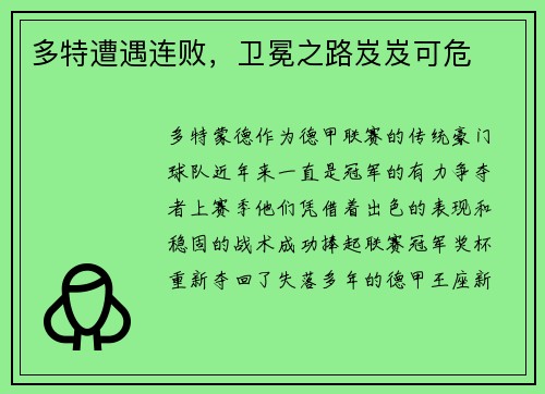多特遭遇连败，卫冕之路岌岌可危