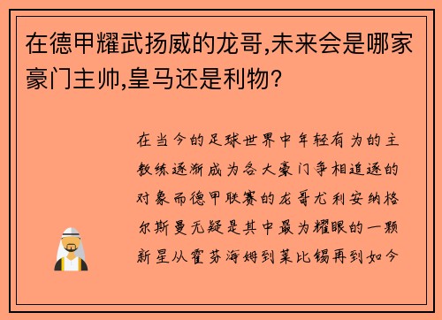 在德甲耀武扬威的龙哥,未来会是哪家豪门主帅,皇马还是利物？