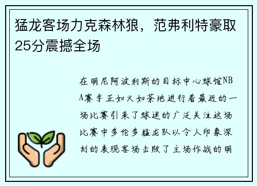 猛龙客场力克森林狼，范弗利特豪取25分震撼全场