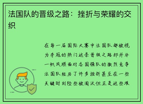 法国队的晋级之路：挫折与荣耀的交织