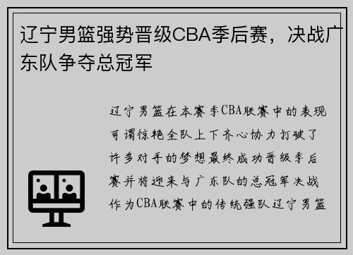 辽宁男篮强势晋级CBA季后赛，决战广东队争夺总冠军