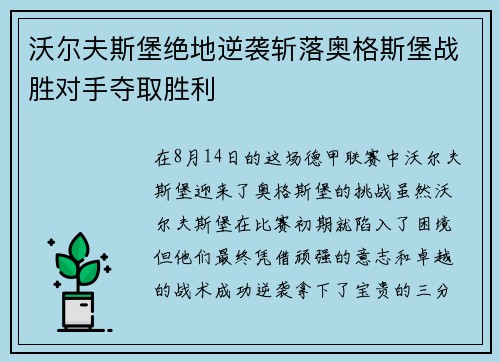 沃尔夫斯堡绝地逆袭斩落奥格斯堡战胜对手夺取胜利