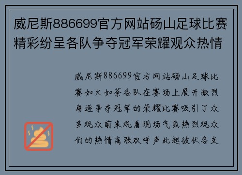 威尼斯886699官方网站砀山足球比赛精彩纷呈各队争夺冠军荣耀观众热情高涨